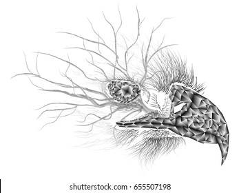 Double exposure drawing for eagle and tree. Drawing of eagle eye close-up with black and white background