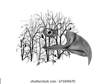 Double exposure drawing for eagle and tree , Drawing of eagle eye close-up with black and white background