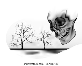Double exposure drawing of skull in outdoor with black and white background , Look at nature and tree branch from war and arid on the future of illustrator