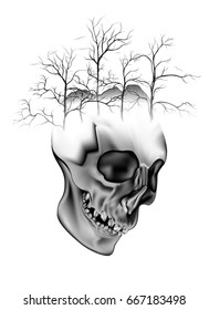 Double exposure drawing of skull and tree branch nature with black and white background , The art of war and arid on the future of illustrator