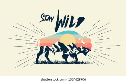 Double exposure effect buffalo bison silhouette with mountains landscape and stay wild caption. T-shirt print design. Vector illustration.