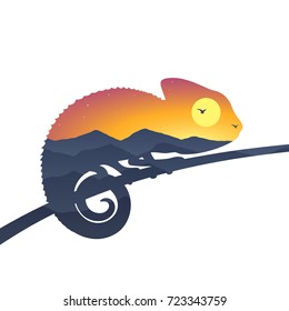 Double exposure effect of chameleon and sunset landscape with mountains, wildlife concept, vector illustration