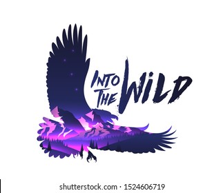 Double exposure effect eagle hawk silhouette with night mountains landscape with into the wild caption. Vector illustration.