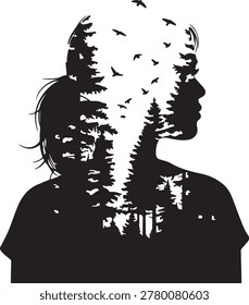 Double exposure effect showing a womans profile superimposed with a dense forest and a flock of birds flying. The silhouette is black against a white background.