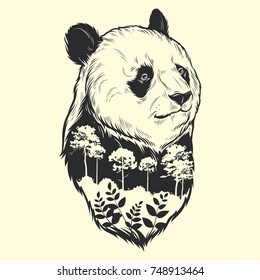 Double exposure forest and panda