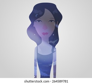 Double exposure girl: Night sky