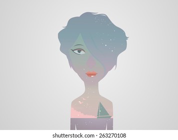 Double exposure girl: Sea background