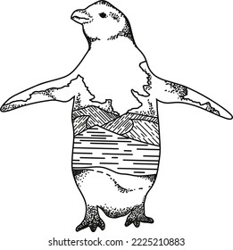 Double exposure hand drawn vintage black and white animal illustration - Penguin