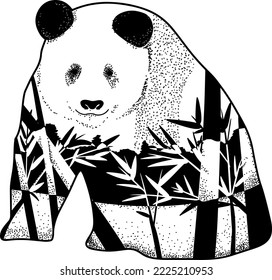 Double exposure hand drawn vintage black and white animal illustration - Panda