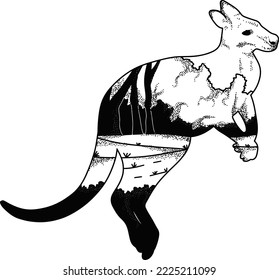 Double exposure hand drawn vintage black and white animal illustration - kangaroo