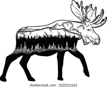 Double exposure hand drawn vintage black and white animal illustration - Moose