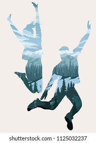 Double exposure, happy jumping people silhouettes