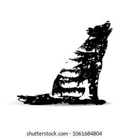 Double exposure of howling wolf with black branches pine trees.