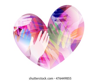 Double Exposure Illustration of Hands Inside a Colorful Heart - eps10