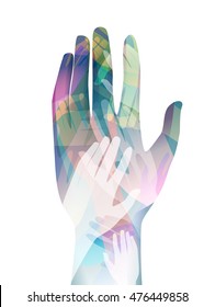 Double Exposure Illustration of Hands Joined Together - eps10