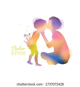 Double exposure illustration. Happy mother kissing her kids silhouette plus abstract water color painted. Happy mother's day. Digital art painting. Vector illustration