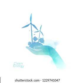 Double exposure illustration. Isolated vector illustration of clean electric energy with watercolor. Concept illustration for environment care. Digital art painting.