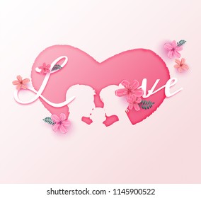 Double exposure illustration. Side view of Father and mother kissing their child baby with heart symbol. Happy family. Paper cut style.