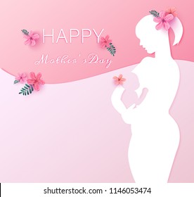Double exposure illustration. Side view of Happy mother holding adorable child baby. Happy mother's day. paper cut style.