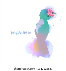 Double exposure illustration. Side view of Happy mom with baby silhouette plus abstract water color painted. Mother's day. Digital art painting