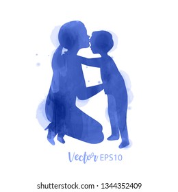 Double exposure illustration. Side view of Happy mom with son  silhouette plus abstract water color painted. Mother's day. Digital art painting