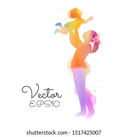 Double exposure illustration. Side view of Happy mom lifting her baby child up in air silhouette plus abstract water color painted. Mother's day. Digital art painting. Vector illustration