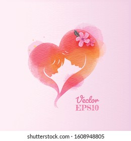 Double exposure illustration. Side view of Happy mom with daughter in heart shaped silhouette plus abstract water color painted. Mother's day. Digital art painting. Vector illustration