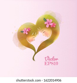 Double exposure illustration. Side view of Happy mom with daughter in heart shaped plus abstract water color painted. Mother's day. Digital art painting. Vector illustration