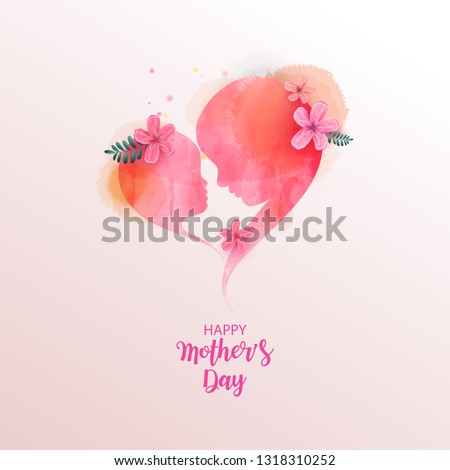 Double exposure illustration. Side view of Happy mom with daughter silhouette plus abstract water color painted. Mother's day. Digital art painting