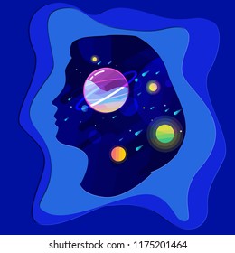 Double exposure illustration -  woman portrait silhouette and universe .Vector illustration.