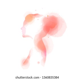 Double exposure illustration. Woman silhouette plus abstract water color painted. Digital art painting.Vector illustration