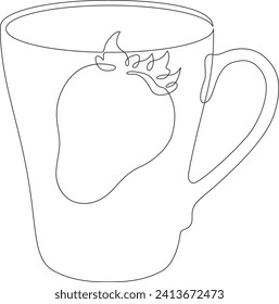 Doble exposición. Imagen en imagen.Dibujo continuo de una línea. Ilustración de vector lineal. Beba jarra. Fresas dentro de una taza. Bebida de fresa.