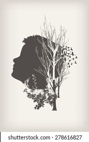 Double exposure portrait of boy, forest and birds, EPS 10 vector