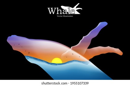 Double exposure portrait combined fish humpback whale and pacific ocean sea underwater, Campaign save protect extinct whales with swim  beautiful nature on black background for vector illustration