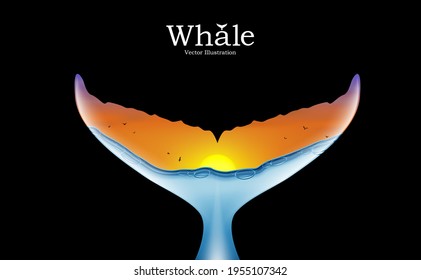 Double exposure portrait combined fishtail, humpback whale and pacific ocean sea underwater, Campaign save protect extinct whales with swim beautiful nature on black background vector illustration