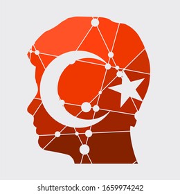 Retrato de exposición doble de hombre joven. Bandera de Turquía. El concepto de pozo bajo estilo triangular. Molécula y fondo de comunicación. Líneas conectadas con puntos. Pintura degradada