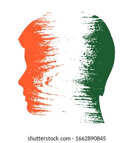 Double exposure portrait of young man. Ivory Coast flag design concept. Flag textured by grungy wood pattern. Image relative to travel and politic themes