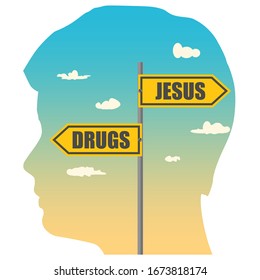 Retrato de exposición doble de hombre joven y señalización vial. DROGAS y texto JESUS apuntando en direcciones opuestas