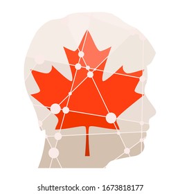 Double exposure portrait of young man. Flag of the Canada. Low poly concept triangular style. Molecule and communication background. Connected lines with dots. Gradient painting