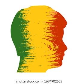Retrato de exposición doble de hombre joven. Concepto de diseño de bandera de Mali. Bandera texturada por motivos de madera gruesa. Imagen relativa a temas de viajes y política