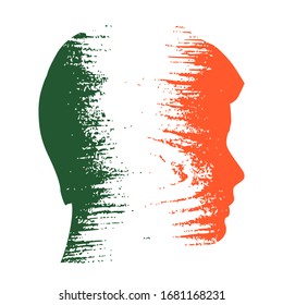 Double exposure portrait of young man. Ireland flag design concept. Flag textured by grungy wood pattern. Image relative to travel and politic themes