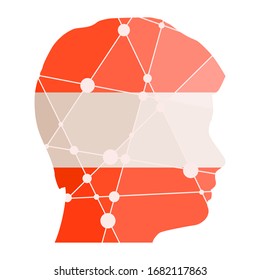 Double exposure portrait of young man. Flag of the Austria. Low poly concept triangular style. Molecule and communication background. Connected lines with dots. Gradient painting