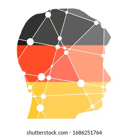 Double exposure portrait of young man. Flag of the Germany. Low poly concept triangular style. Molecule and communication background. Connected lines with dots. Gradient painting
