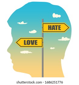 Double exposure portrait of young man and road signs. Love and Hate text pointing in opposite directions.