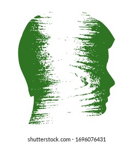 Double exposure portrait of young man. Nigeria flag design concept. Flag textured by grungy wood pattern. Image relative to travel and politic themes