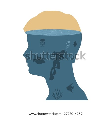 Double exposure portrait of young man and underwater marine life. Positive thinking. Good mental health condition.