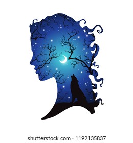 Double exposure silhouette of beautiful woman with shadow of wolf in the night forest, crescent moon and stars. Sticker or tattoo design vector illustration. Pagan totem, wiccan familiar spirit art.
