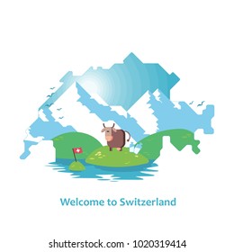 Double Exposure, Silhouette Of A Map Of Switzerland With The Alps, Meadow, Cow And Milk. On White Background