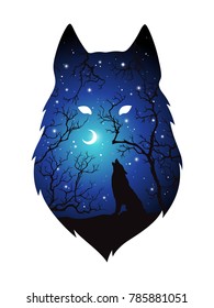 Double exposure silhouette of wolf in the night forest, blue sky with crescent moon and stars isolated. Sticker, print or tattoo design vector illustration. Pagan totem, wiccan familiar spirit art.