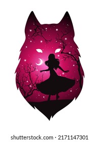 Double exposure silhouette of wolf with shadow of beautiful woman in the night forest, crescent moon and stars. Sticker or tattoo design vector illustration. 